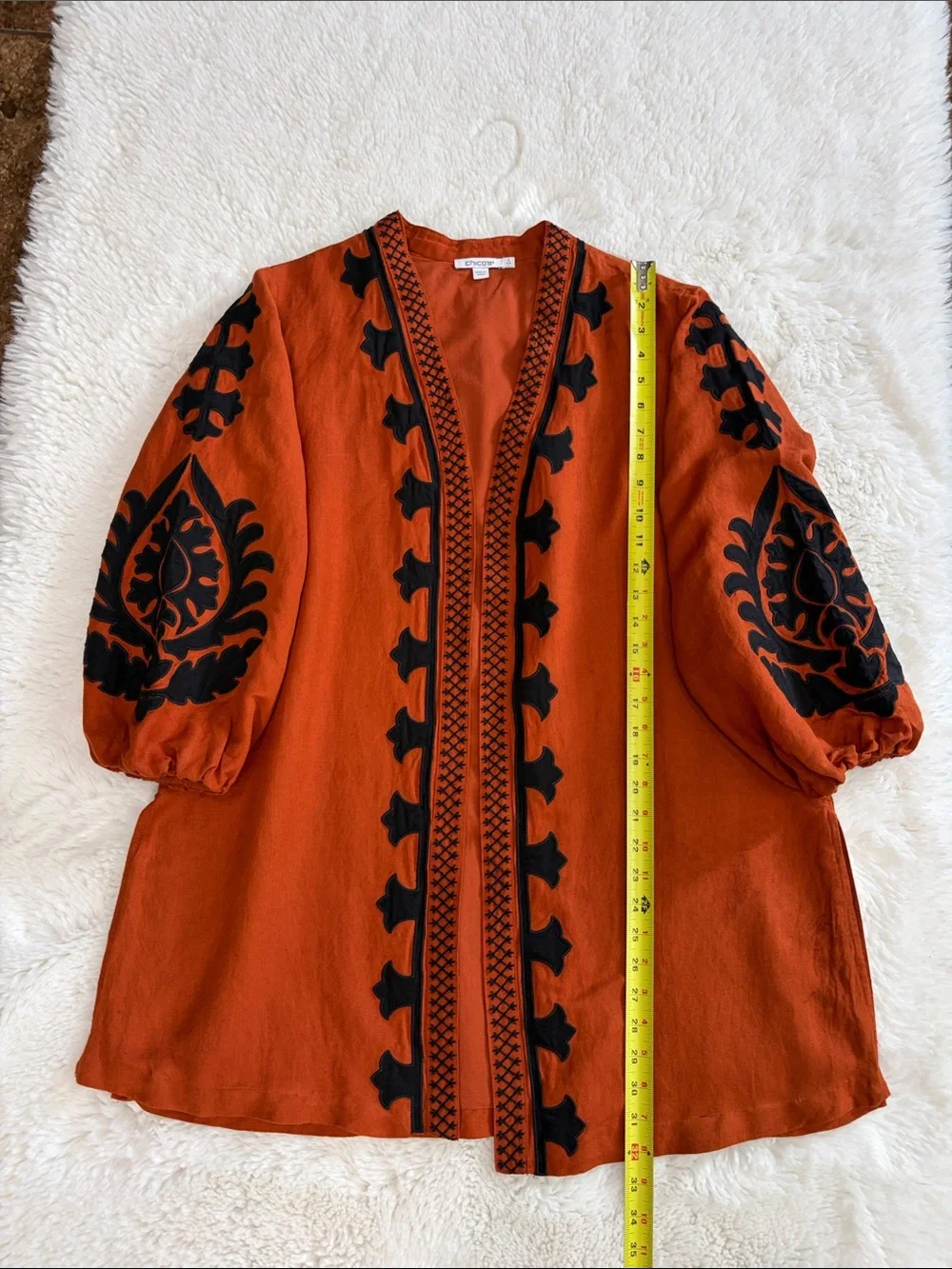 Chico's Burnt Orange Open Embroidered Cardigan with Black Motifs,Size L